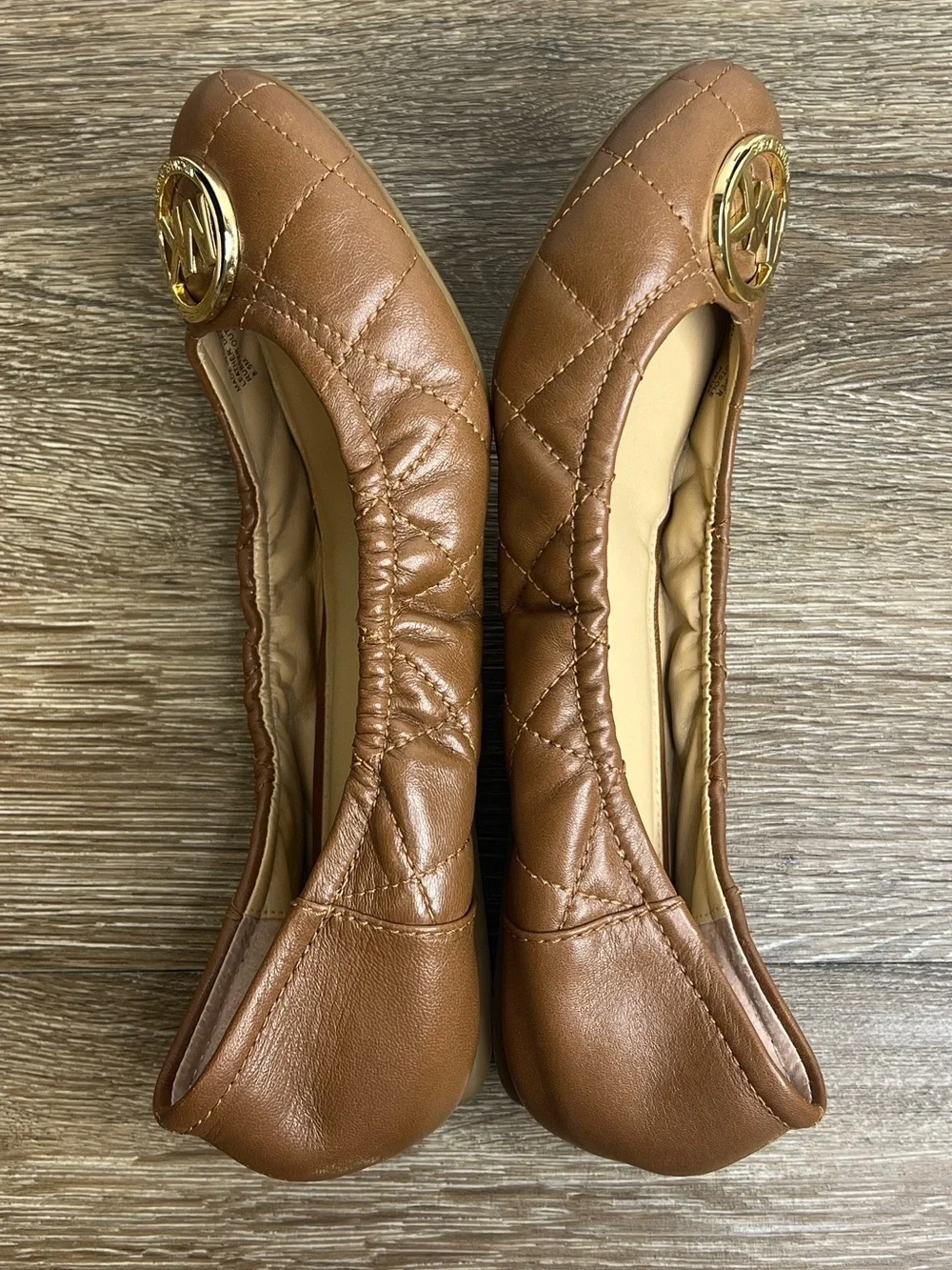 Michael Kors Quilted Leather Ballet Flats Brown Gold Logo | Women’s 8.5